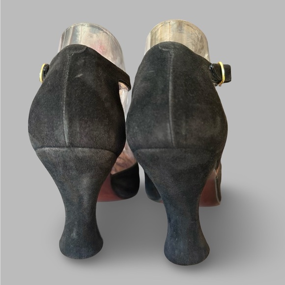 Vintage 90s in 40s style Ombeline Paris Black Suede T Strap Heels Flawed Sz 39 - Picture 3 of 6